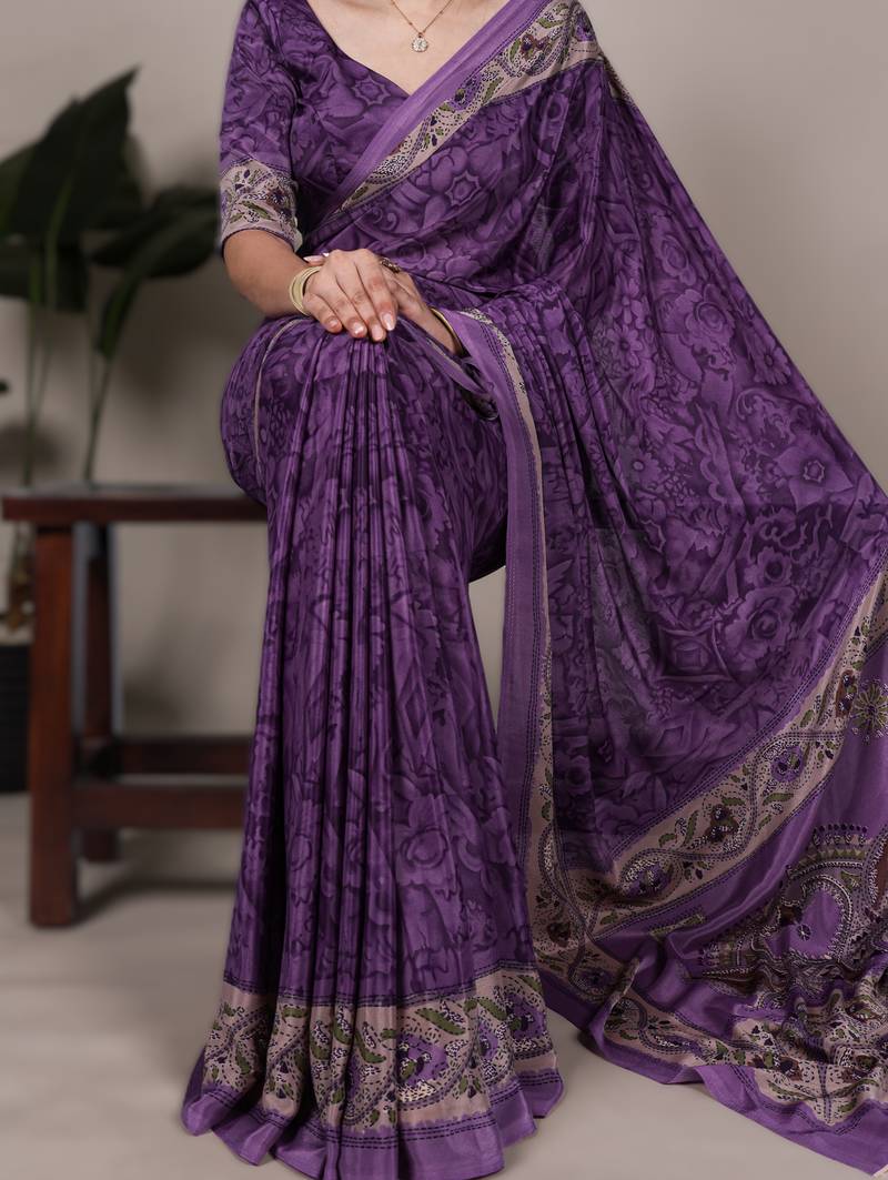 pruple printed crepe saree with matching blouse