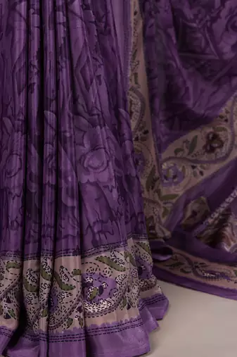 pruple printed crepe saree with matching blouse
