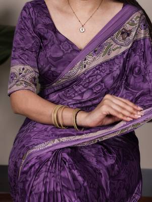 pruple printed crepe saree with matching blouse 3