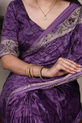 pruple printed crepe saree with matching blouse