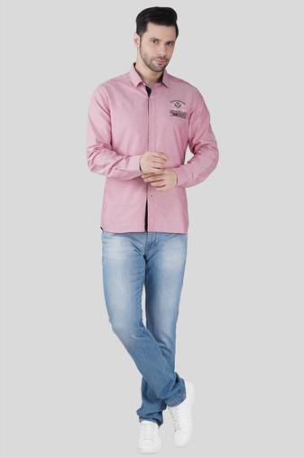 Men’s pink solid casual shirt | full sleeve cotton shirt with chest embroidery | slim fit button-down shirt for men