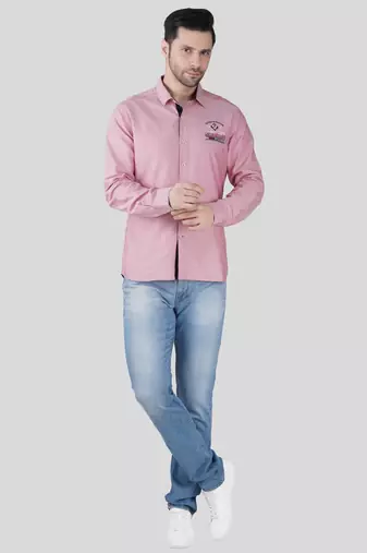 Men’s pink solid casual shirt | full sleeve cotton shirt with chest embroidery | slim fit button-down shirt for men