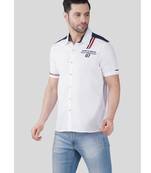 Men white cotton slim fit printed casual shirt with contrast panel & stripe detail