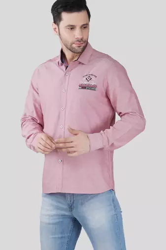 Men’s pink solid casual shirt | full sleeve cotton shirt with chest embroidery | slim fit button-down shirt for men