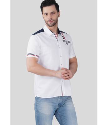 Men white cotton slim fit printed casual shirt with contrast panel & stripe detail 2