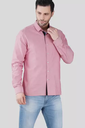 Men’s pink solid casual shirt | full sleeve cotton shirt with chest embroidery | slim fit button-down shirt for men