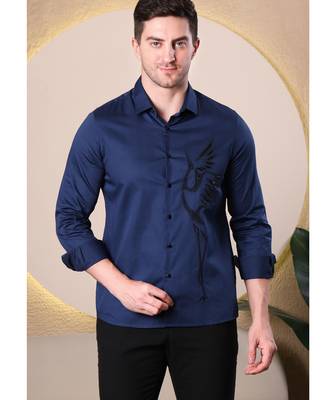 Men navy blue premium slim fit cotton shirt with glossy embroidered bird design 1