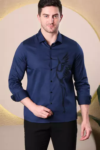 Men navy blue premium slim fit cotton shirt with glossy embroidered bird design