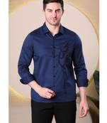 Men navy blue premium slim fit cotton shirt with glossy embroidered bird design