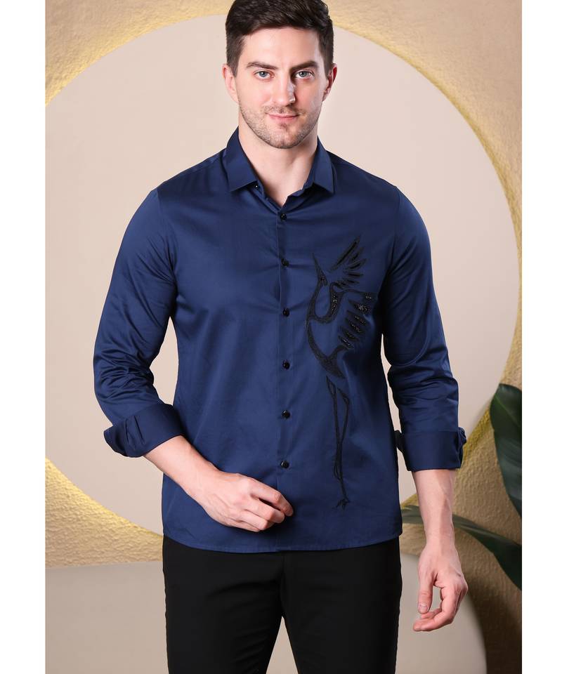 Men navy blue premium slim fit cotton shirt with glossy embroidered bird design