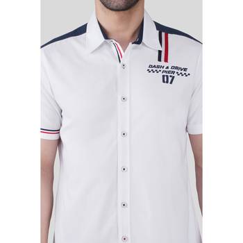 Men white cotton slim fit printed casual shirt with contrast panel & stripe detail 3