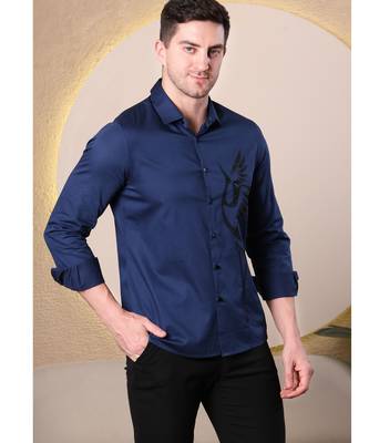Men navy blue premium slim fit cotton shirt with glossy embroidered bird design 2