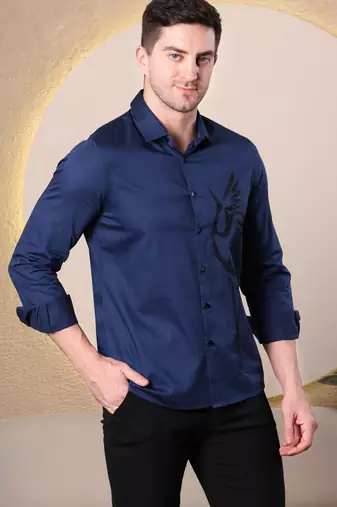 Men navy blue premium slim fit cotton shirt with glossy embroidered bird design
