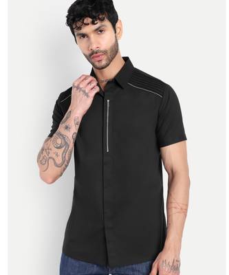 Men black solid slim fit zipper detail short sleeve casual shirt | zipper detailing & panelled shoulder stitching 1