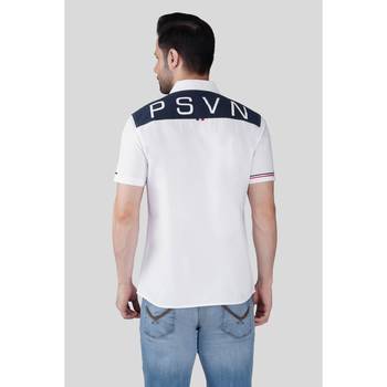 Men white cotton slim fit printed casual shirt with contrast panel & stripe detail 4