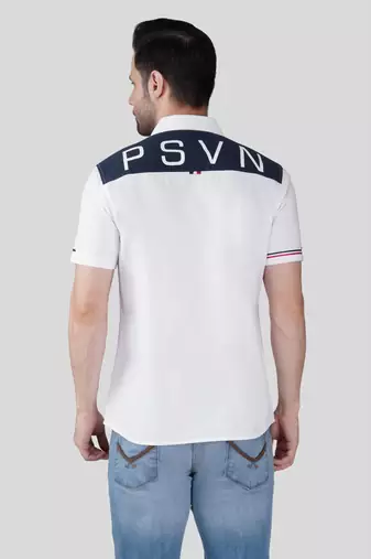 Men white cotton slim fit printed casual shirt with contrast panel & stripe detail