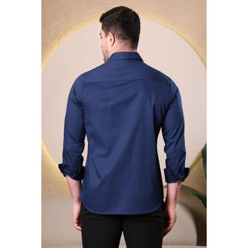 Men navy blue premium slim fit cotton shirt with glossy embroidered bird design 3