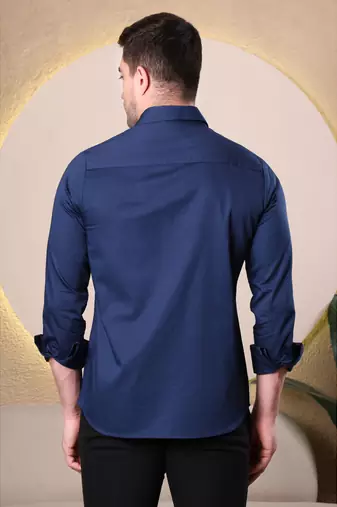 Men navy blue premium slim fit cotton shirt with glossy embroidered bird design