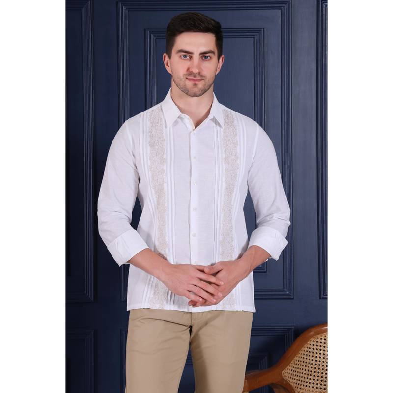 Men’s white embroidered casual shirt | premium cotton linen slim fit full sleeve shirt