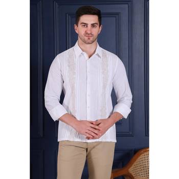 Men’s white embroidered casual shirt | premium cotton linen slim fit full sleeve shirt 1