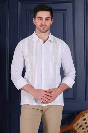 Men’s white embroidered casual shirt | premium cotton linen slim fit full sleeve shirt