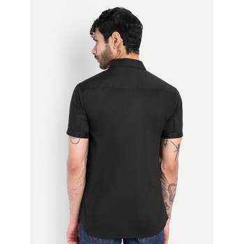 Men black solid slim fit zipper detail short sleeve casual shirt | zipper detailing & panelled shoulder stitching 3