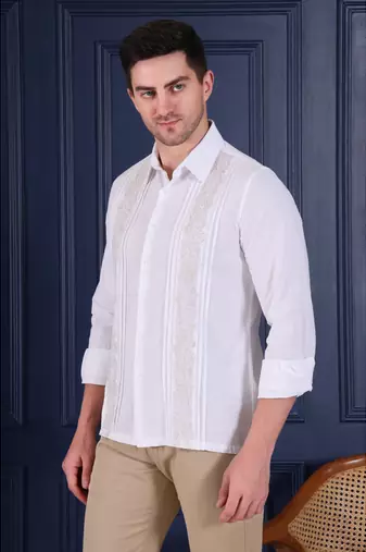 Men’s white embroidered casual shirt | premium cotton linen slim fit full sleeve shirt