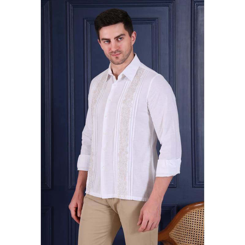 Men’s white embroidered casual shirt | premium cotton linen slim fit full sleeve shirt