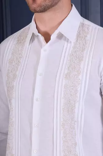 Men’s white embroidered casual shirt | premium cotton linen slim fit full sleeve shirt