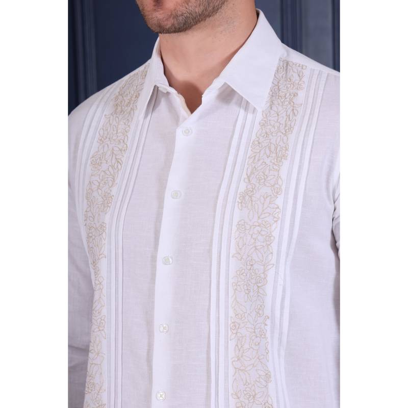 Men’s white embroidered casual shirt | premium cotton linen slim fit full sleeve shirt