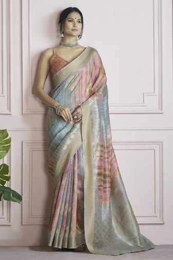 multicolour handloom khadi silk blend with digital print with zari border casual wear saree