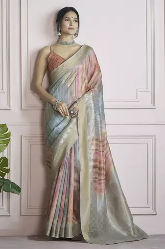multicolour handloom khadi silk blend with digital print with zari border casual wear saree
