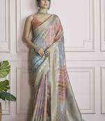 multicolour handloom khadi silk blend with digital print with zari border casual wear saree