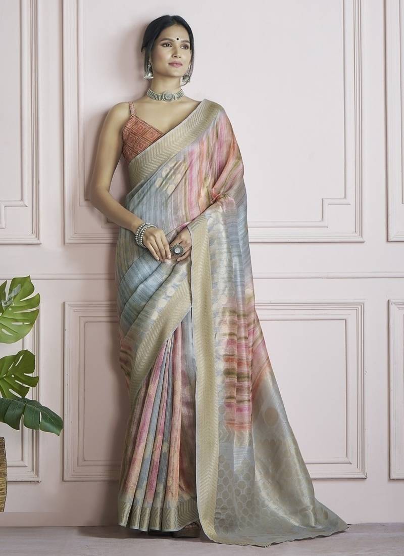 multicolour handloom khadi silk blend with digital print with zari border casual wear saree