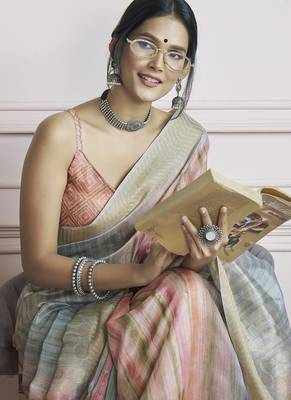 multicolour handloom khadi silk blend with digital print with zari border casual wear saree 2