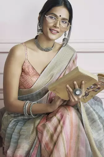 multicolour handloom khadi silk blend with digital print with zari border casual wear saree