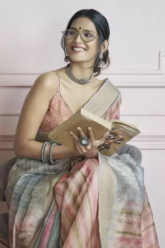 multicolour handloom khadi silk blend with digital print with zari border casual wear saree
