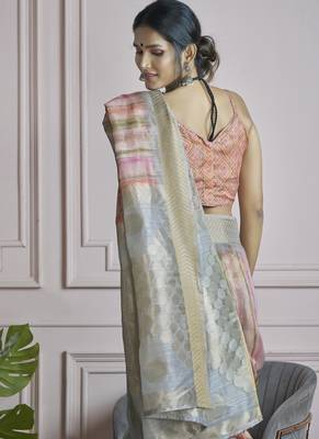 multicolour handloom khadi silk blend with digital print with zari border casual wear saree 4