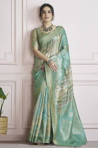 pista handloom khadi silk blend with digital print with zari border casual wear saree