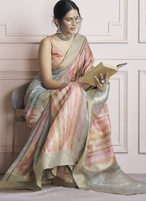 multicolour handloom khadi silk blend with digital print with zari border casual wear saree 5