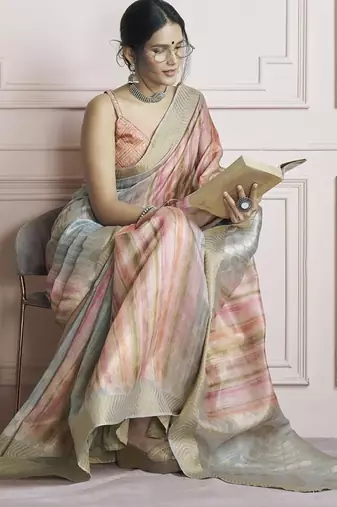 multicolour handloom khadi silk blend with digital print with zari border casual wear saree