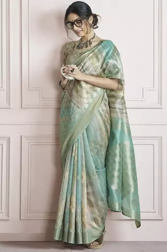 pista handloom khadi silk blend with digital print with zari border casual wear saree