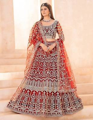 Maroon butterfly net wedding wear lehenga choli for women 1