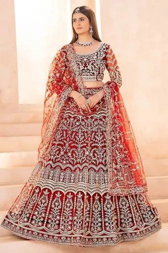 Maroon butterfly net wedding wear lehenga choli for women