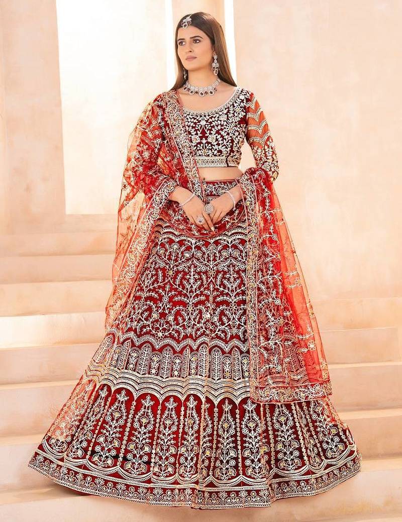 Maroon butterfly net wedding wear lehenga choli for women