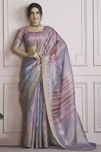 multicolour handloom khadi silk blend with digital print with zari border casual wear saree