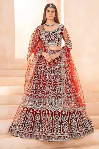 Maroon butterfly net wedding wear lehenga choli for women