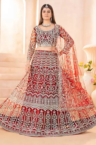 Maroon butterfly net wedding wear lehenga choli for women