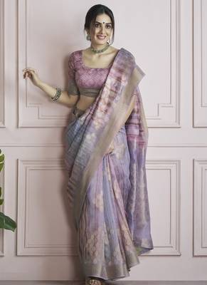 multicolour handloom khadi silk blend with digital print with zari border casual wear saree 2
