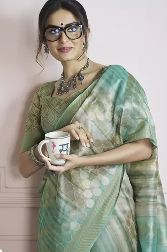 pista handloom khadi silk blend with digital print with zari border casual wear saree